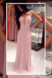 Pink Long Chiffon See Through Sexy V-Neck Sleeveless A-Line Yarn Prom Dresses JS18