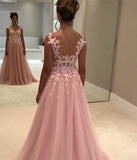 Elegant Pink Long V-Neck Appliques Sleeveless A-Line Chiffon Prom Dresses UK JS374