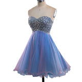 Strapless Cute Tulle Short Sweetheart Beading Blue Rhinestone Homecoming Dresses JS190