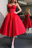 A-Line Spaghetti Straps Tea-Length Red Satin Prom Homecoming Dresses with Pockets JS86