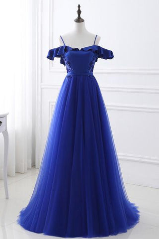 Unique Royal Blue Spaghetti Straps Off the Shoulder Ruffle Appliques Beaded Prom Dresses JS84