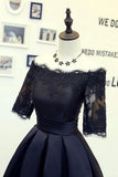 A Line Black Short Sleeves Off the Shoulder Lace Appliques Satin Homecoming Dresses JS885