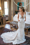 V-Neck Ruched Backless Lace Pockets Mermaid White Wedding Dress With Court Train