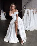 A-Line Satin Off-the-Shoulder Sleeveless Elegant Wedding Dresses