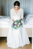 Half Sleeve V Neck Lace Wedding Dresses with Chiffon Floor Length Ivory Bridal Dresses W1058