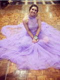 Halter A-line Lavender Tulle Prom Dress with Open Back Long Evening Dresses JS411