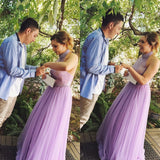 Halter A-line Lavender Tulle Prom Dress with Open Back Long Evening Dresses JS411