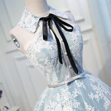 Halter Light Sky Blue Lace Appliques Homecoming Dresses with Lace up Cocktail Dresses H1125