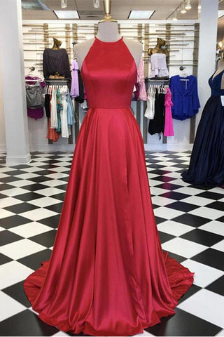 Halter Open Back A Line Red Sleeveless Prom Dresses Long Cheap Evening Dresses JS651