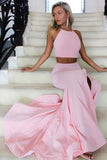 Halter Two Piece High Neck Mermaid Satin Pink Long Prom Dress with Split JS635