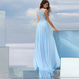 A-Line Chiffon Sleeveless Prom Dresses Blue Party Dresses