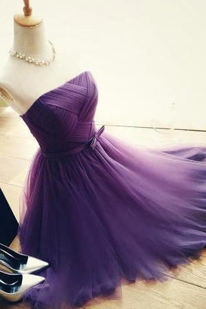 Elegant A-Line Strapless Purple Tulle Short Homecoming Dress with Bowknot JS96
