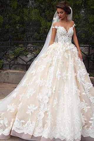 Glamorous Jewel Cap Sleeves White Court Train Wedding Dress with Lace Top JS83