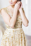 Illusion Neck Beading Long Gold Wedding Dress with Sheer Back Long Prom Dresses JS936