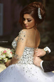 Long Sleeves Beaded Sweetheart Crystals Ball Gown Corset Tulle Wedding Dresses