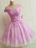 Off the Shoulder Lace up Lace Applique Dusty Rose Short Prom Dress Homecoming Dresses JS759