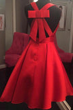Cute A-Line V-Neck Open Back Short Red Satin Homecoming Dress with Bowknot JS701