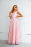 Cute Pink Lace A Line Floor Length Lace Up Prom Dresses