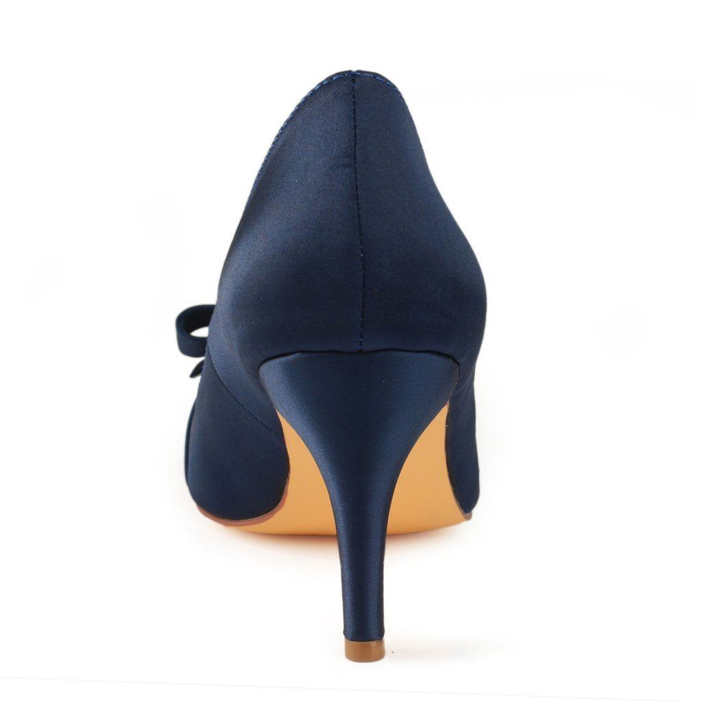 Navy Blue High Heels Wedding Shoes with Bowknot Fashion Satin Wedding Shoes uk L-942