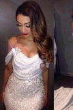 White Mermaid Off The Shoulder Long Ivory Sequins with Sparkle Formal Party Dresses For Teens JS13