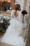 A-Line Round Neck Asymmetric Tulle Open Back Long Sleeves Wedding Dresses