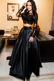Black two pieces long sleeve prom dress A-line lace two pieces long prom dress
