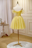 Cute Yellow Spaghetti Straps Off The Shoulder Tulle Short Homecoming Dresses