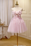 Cute Pink Strapless Sweetheart Appliques Tulle Short Homecoming Dresses