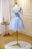 Sky Blue Spaghetti Straps Appliques Tulle Short Homecoming Dresses