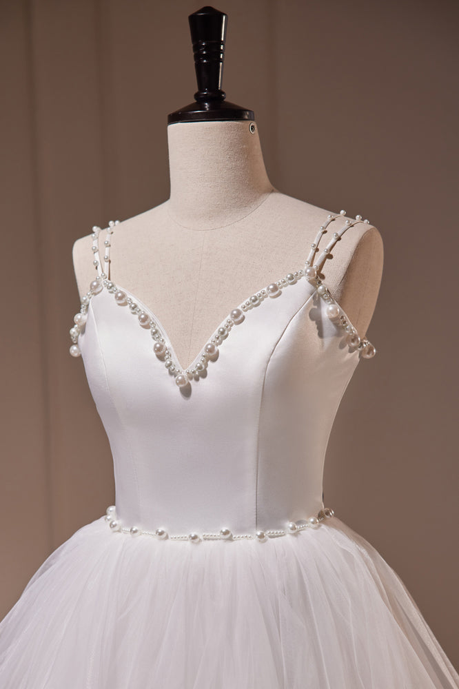 White V Neck Spaghetti Straps Beading A Line Tulle Long Prom Dresses
