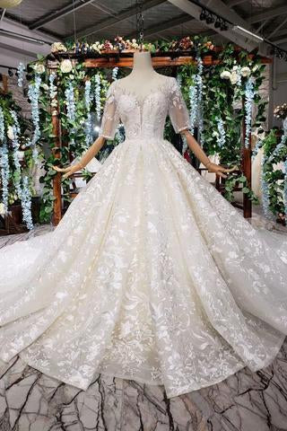 Lace Half Sleeve Round Neck Ball Gown Wedding Dresses Fashion Beads Wedding Gown JS775