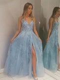 Light Blue Lace Appliques Prom Dresses with Slit Beads V Neck Evening Dresses JS607