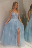 Light Blue Lace Appliques Prom Dresses with Slit Beads V Neck Evening Dresses JS607