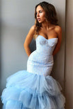 Light Blue Mermaid Strapless Tulle Prom Dresses Bowknot Layers Evening Dresses JS516