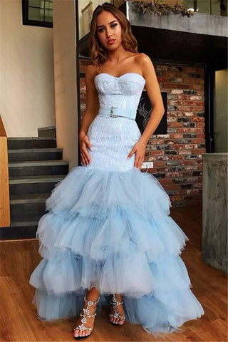 Light Blue Mermaid Strapless Tulle Prom Dresses Bowknot Layers Evening Dresses JS516