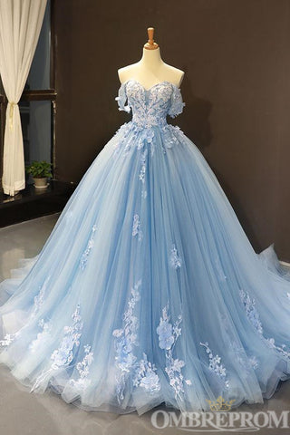 Light Blue Off Shoulder Sweetheart Long Lace Prom Dresses
