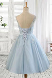 Light Blue Tulle Short Prom Dress Scoop Straps Homecoming Dresses with Lace up H1165