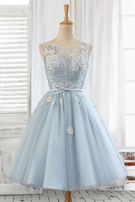 Light Blue Tulle Short Prom Dress Scoop Straps Homecoming Dresses with Lace up H1165