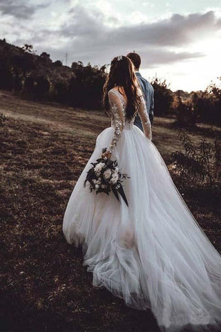 Light Pink See Through Long Sleeve Boho Wedding Dresses Lace Applique Bridal Dress JS378