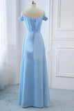 Light Sky Blue A-line Off the Shoulder Natural Waist Ruched Prom Dress Lace up Party Dress P1075