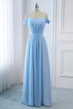 Light Sky Blue A-line Off the Shoulder Natural Waist Ruched Prom Dress Lace up Party Dress P1075