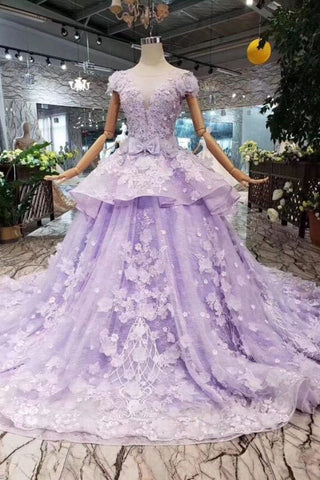 Lilac Ball Gown Short Sleeve Prom Dresses with Flowers Gorgeous Quinceanera Dress JS968