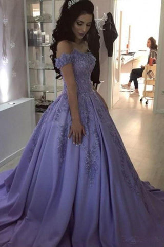 Lilac Ball Gown V Neck Off the Shoulder Lace Appliques Satin Beaded Prom Dresses JS465