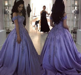 Lilac Ball Gown V Neck Off the Shoulder Lace Appliques Satin Beaded Prom Dresses JS465