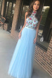 Long A-line Light Sky Blue Tulle Flowy Halter Long Prom Dresses Cheap Evening Dress JS404