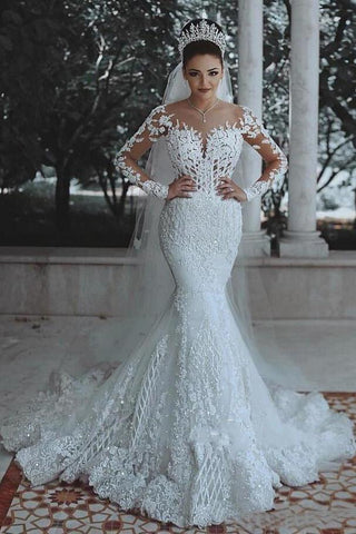 Long Sleeve Lace Wedding Dress Mermaid Beads Lace Appliques Wedding Gowns JS476