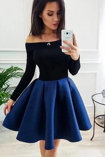 Buy Long Sleeve Off the Shoulder Satin Royal Blue Homecoming Dresses ...