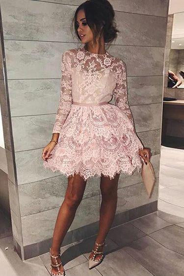 Long Sleeve Pink Above Knee Lace High Neck Homecoming Dress Short Prom Dresses JS764