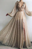 Long Sleeve Sequin V Neck Prom Dresses with Split Handmade Flowers Evening Dress JS800