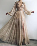 Long Sleeve Sequin V Neck Prom Dresses with Split Handmade Flowers Evening Dress JS800